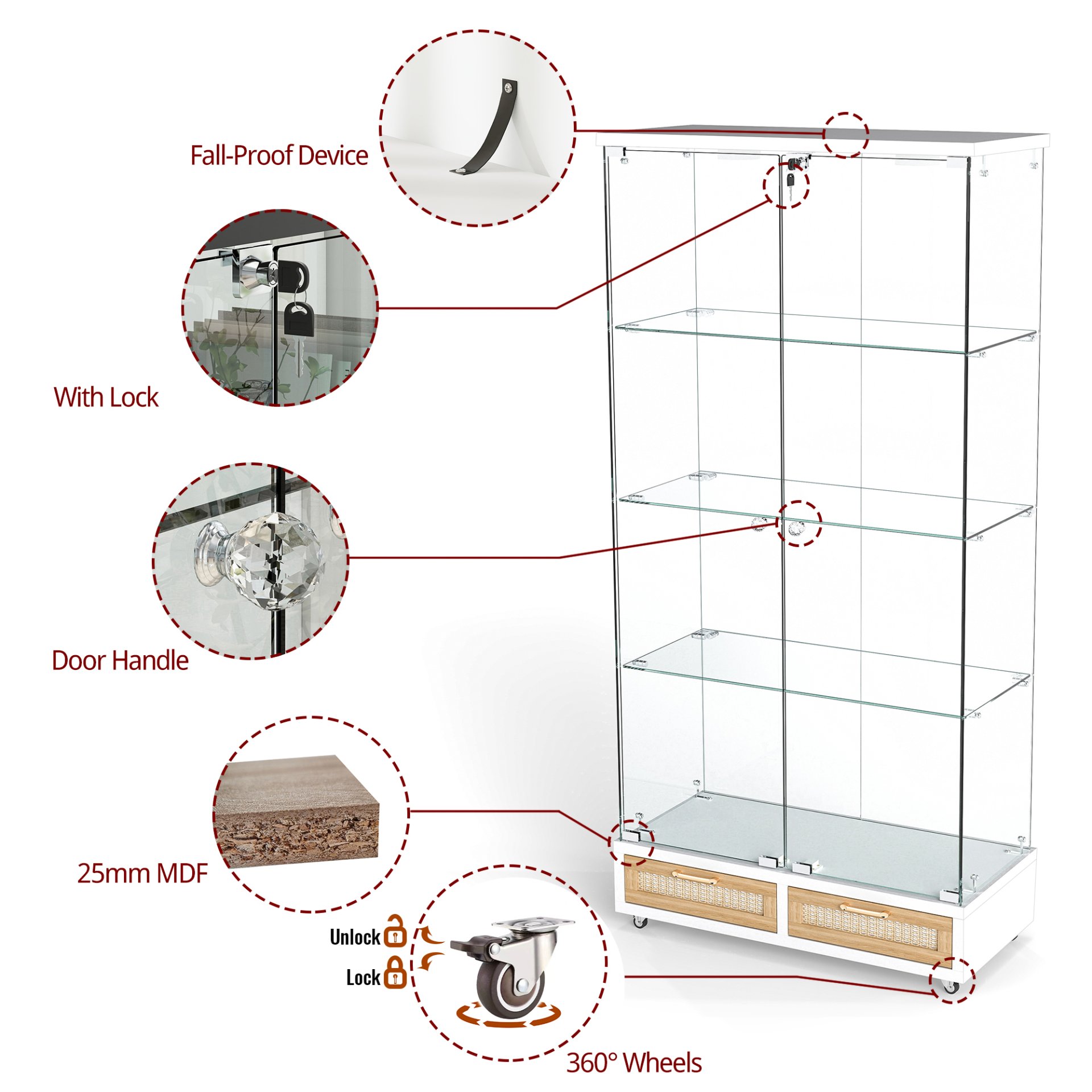 Glass Display Cabinet With LED Lights, Tempered Glass Doors, Large Drawers, 2 Door Storage Case With 4 Shelves - Natural / White - Image 19
