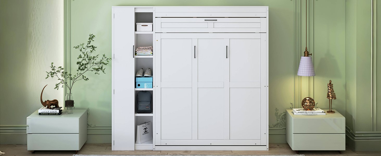 Full Size Murphy Wall Bed With Shelves, Wardrobe And LED Lights - White - Image 26