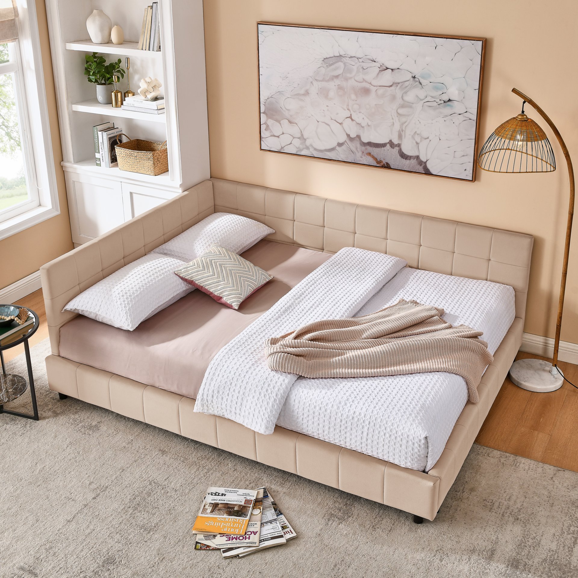 Mid Century Velvet Upholstered Tufted Queen Bed Frame With Backrest And Armrests - Pink - Image 3