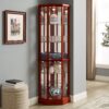 6 Shelf Lighted Corner Curio Cabinet With Adjustable Tempered Glass Shelves And Mirror Back (E26 Light Bulb Not Included) - Cherry - Image 7