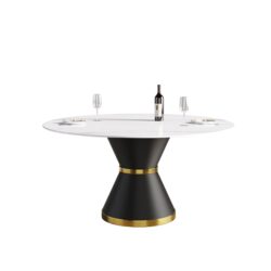 59.05" Modern Artificial Stone Round Carbon Steel Base Dining Table, Can Accommodate 6 People - White / Black