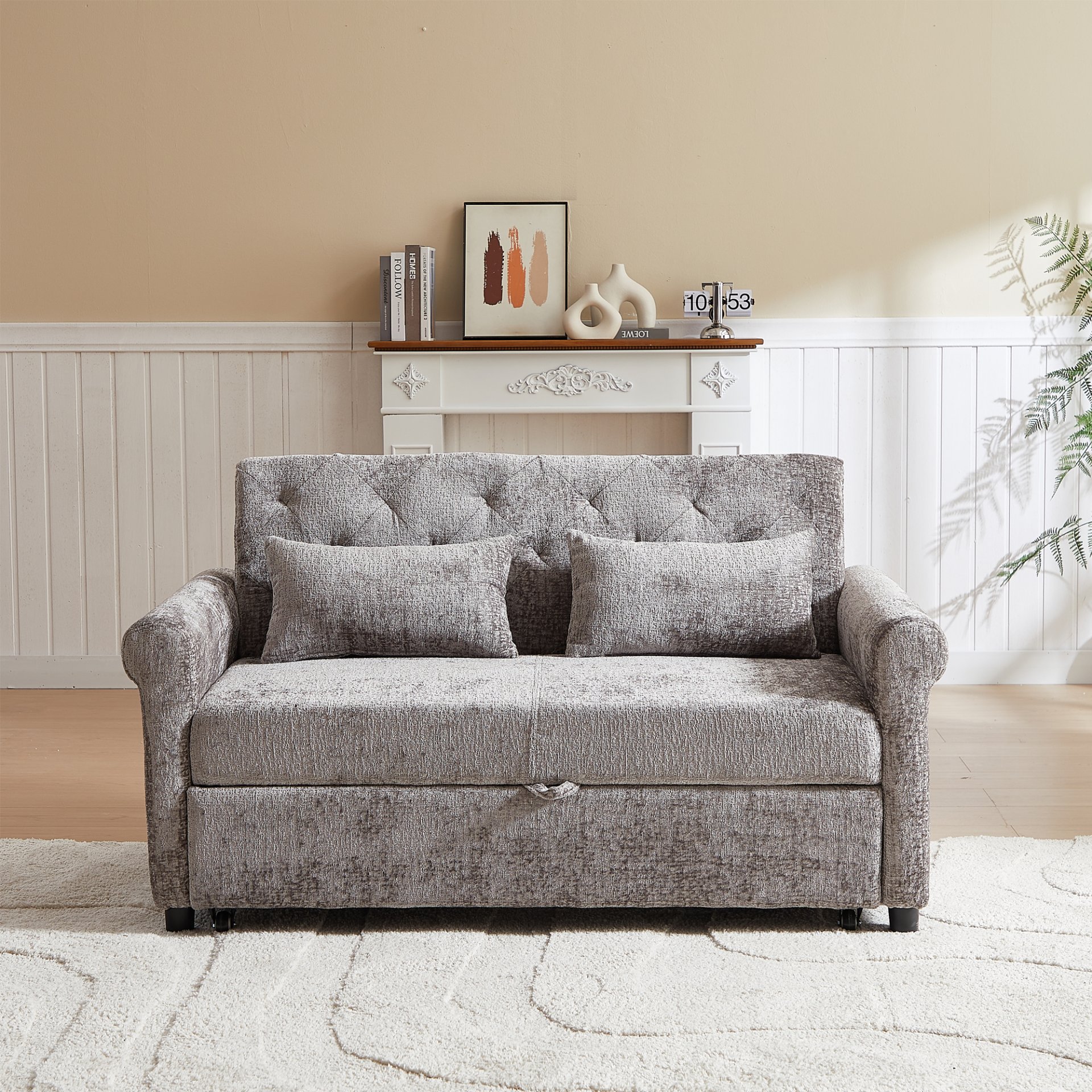 3 In 1 Loveseat Sofa Bed Chenille Fabric Pull Out Couch Sleeper Full Back Frame, Seat Frame, Armrests & 2 Pillows - Light Gray - Image 7
