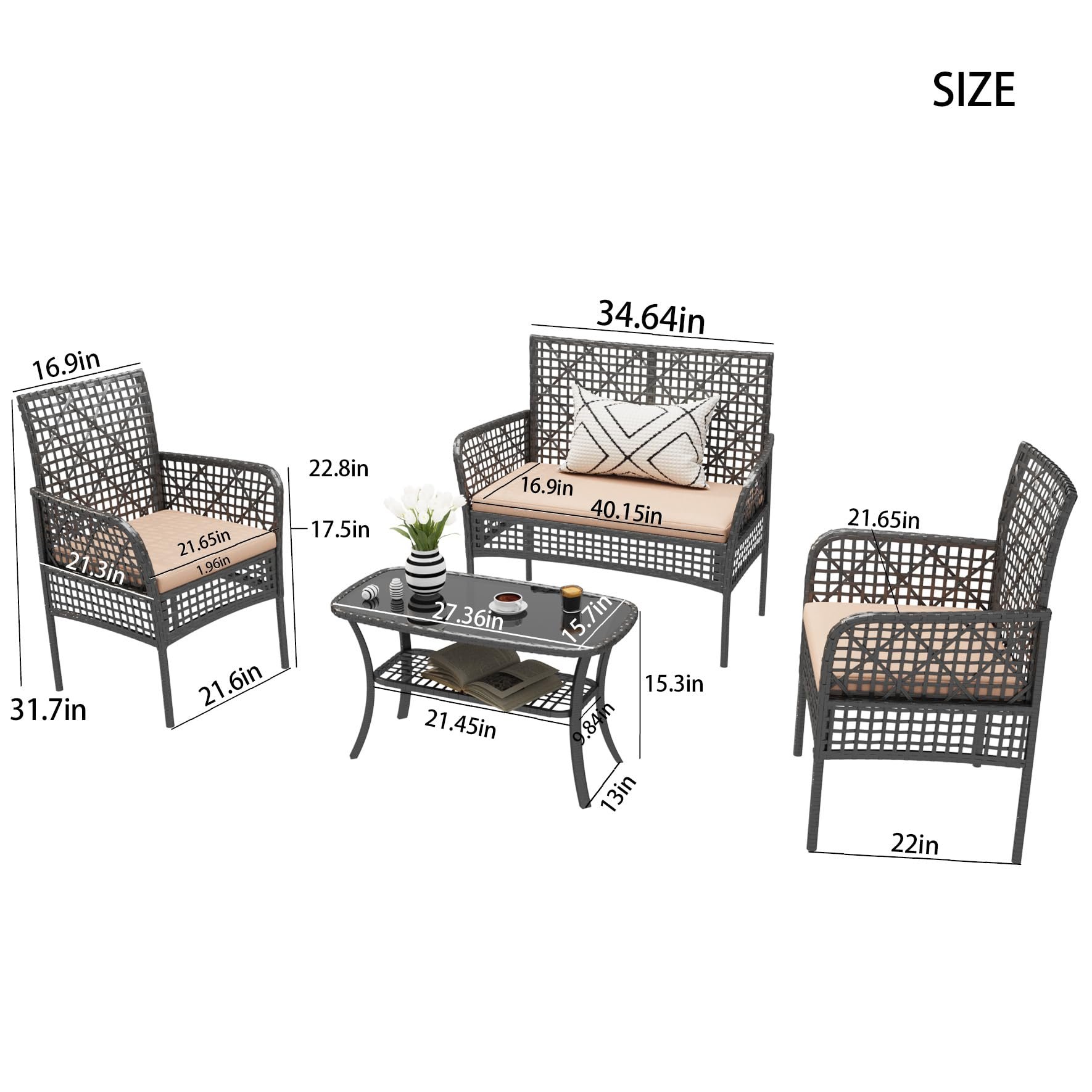 Rattan Wicker Patio Furniture Set With Tempered Glass Table And Cushions, 4 Pieces - Beige - Image 3