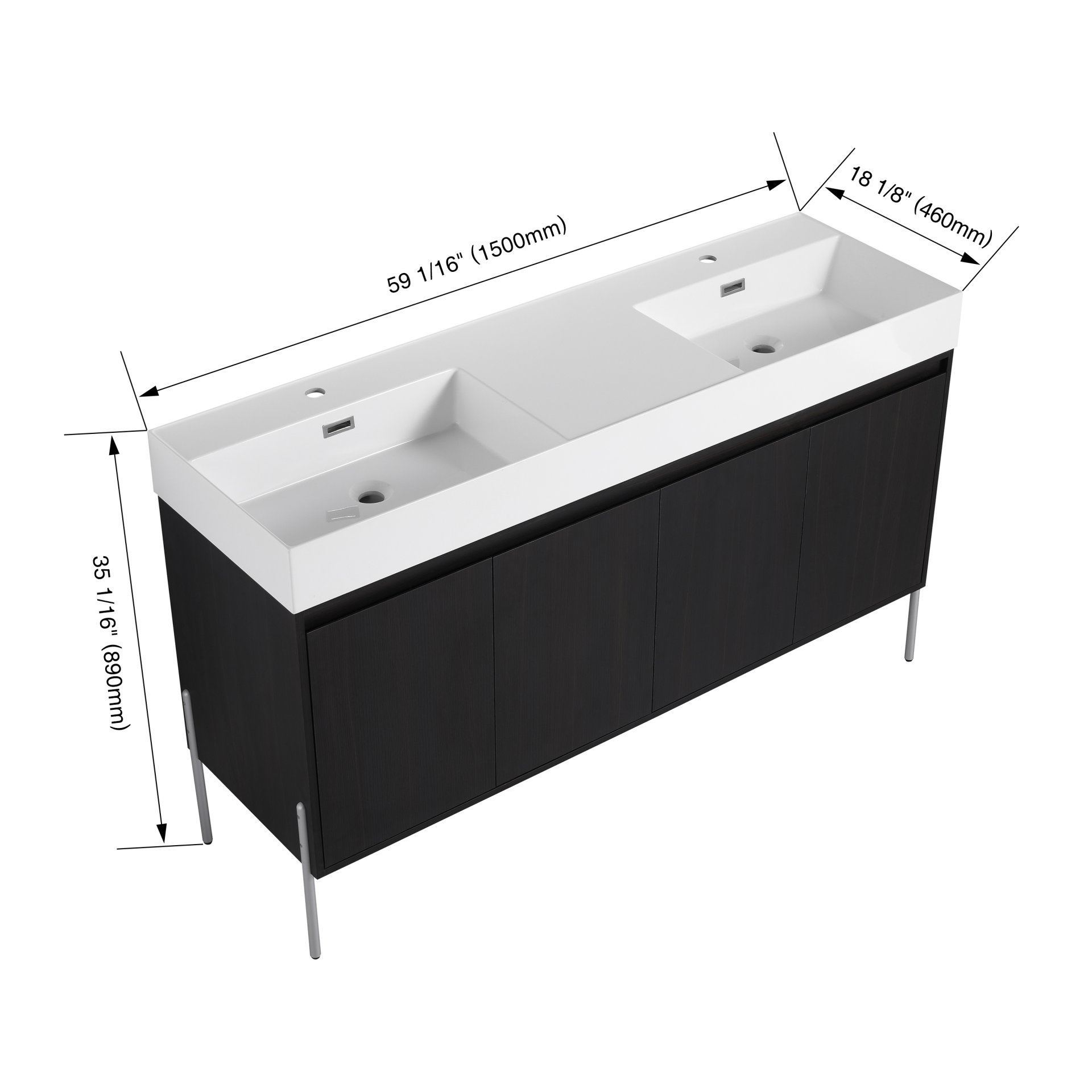 Deluxe 60" Freestanding Bathroom Vanity With Resin Double Sink - Dark Oak - Image 3