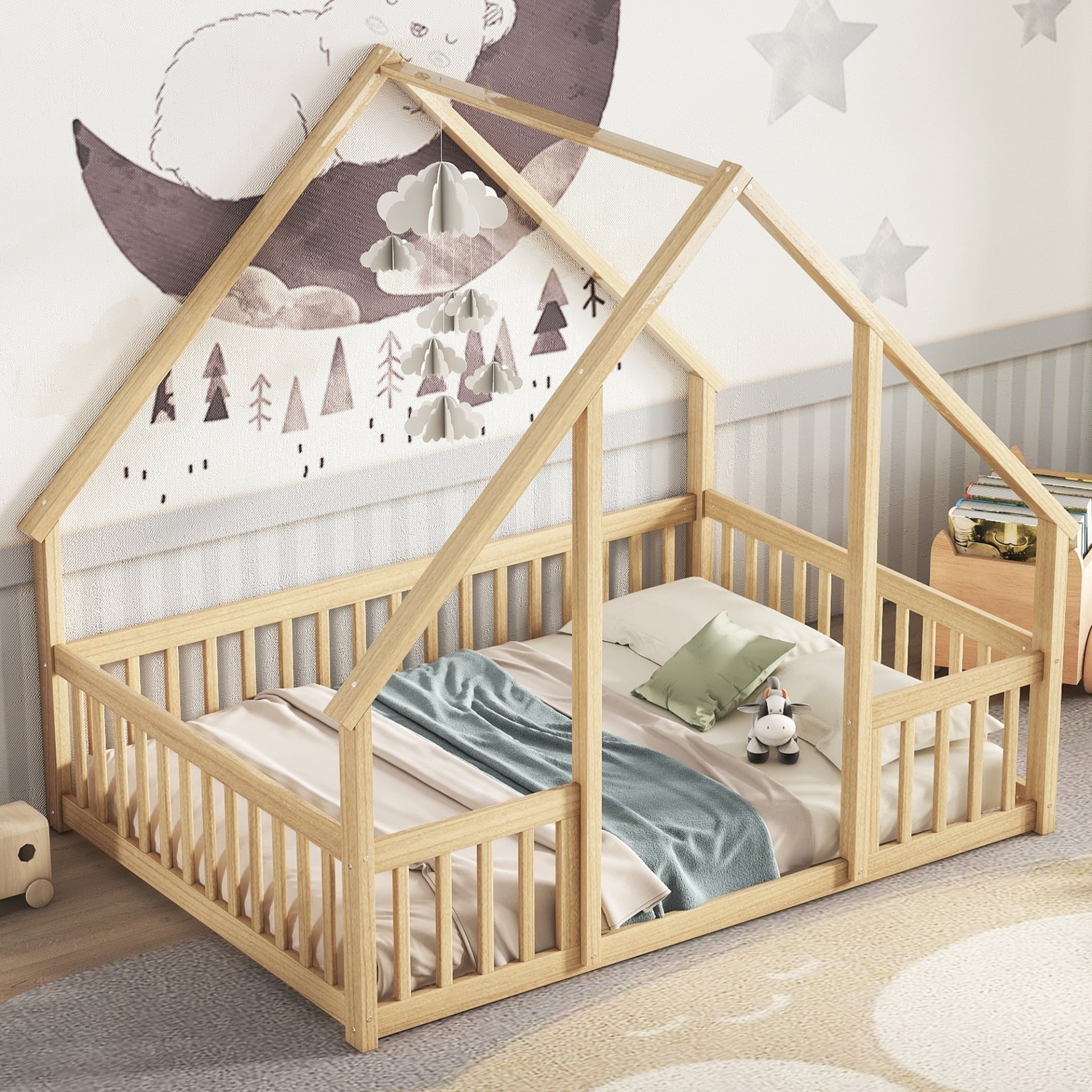 Full Wood House-Shaped Floor Bed With Fence, Guardrails - Natural - Image 3