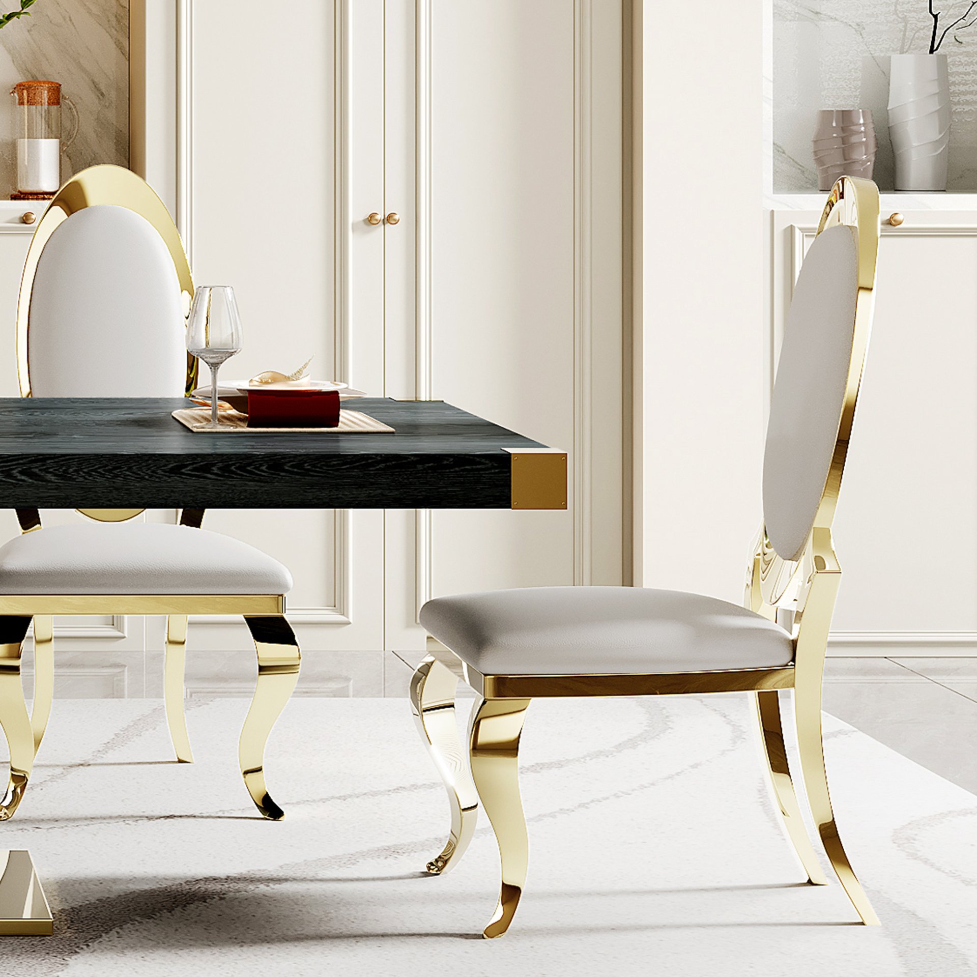 Top Dining Table With Gold Finish Corner, Pillar And Gold Finish Stainless Steel Base - Black - Image 10