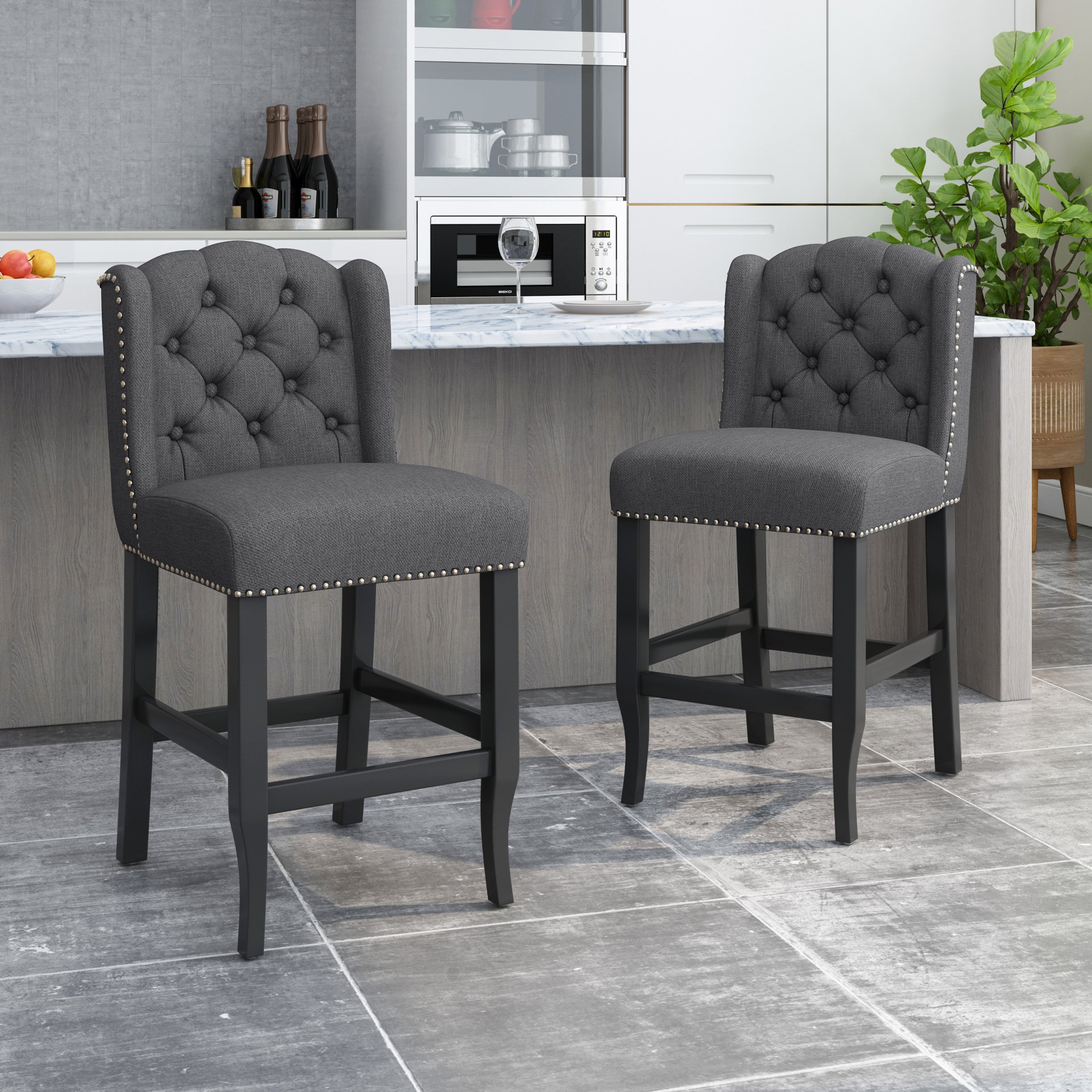 Vienna - Contemporary Fabric Tufted Wingback 27" Counter Stools, (Set of 2) - Charcoal / Dark Brown - Image 2