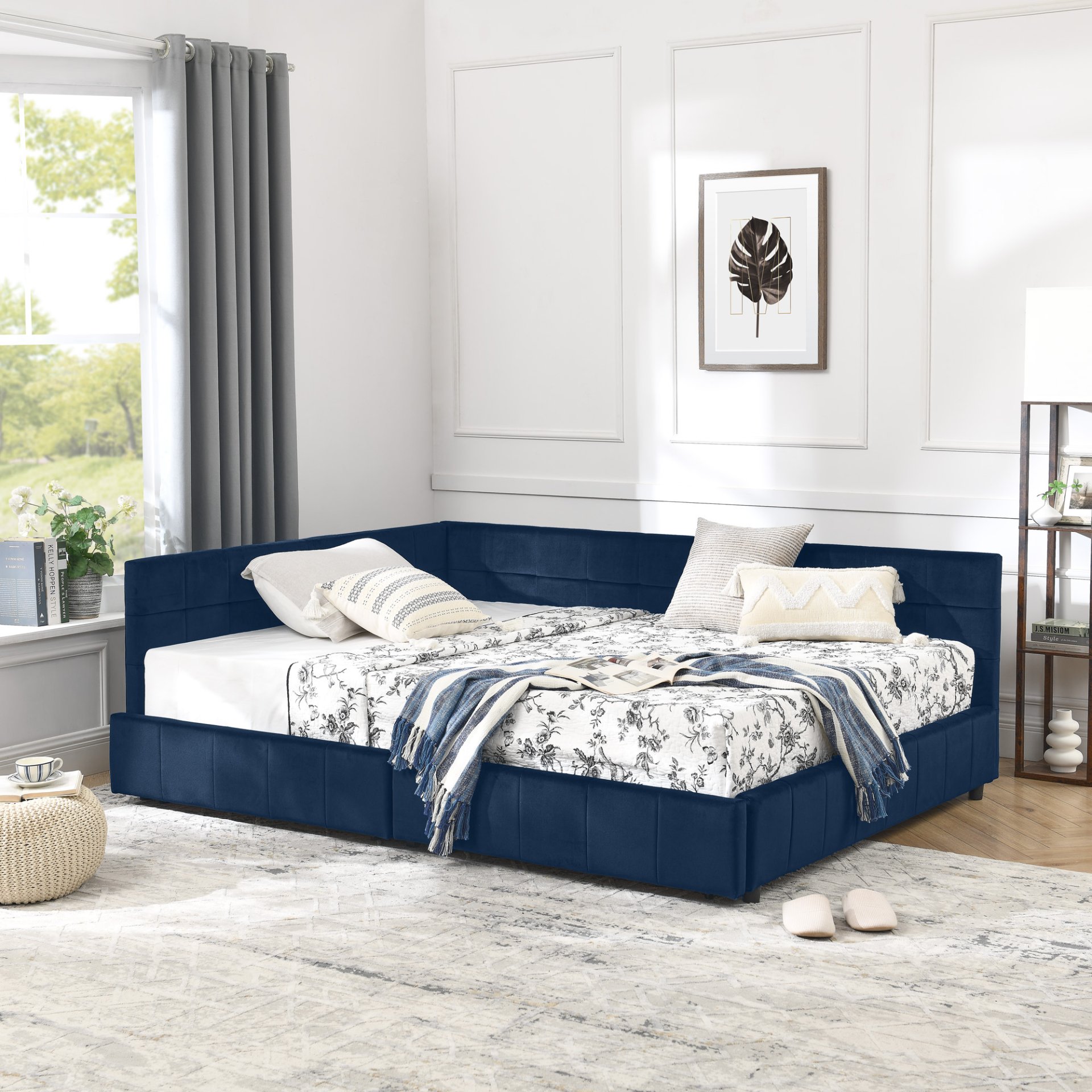 Mid Century Upholstered Tufted Full Size Storage Bed Frame With Velvet - Dark Blue - Image 5