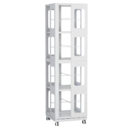 4 Tier All Steel Rotating Bookshelf With 360° Wheels, Large Size Sturdy & Spacious Book Rack, New Style Bookshelf - White