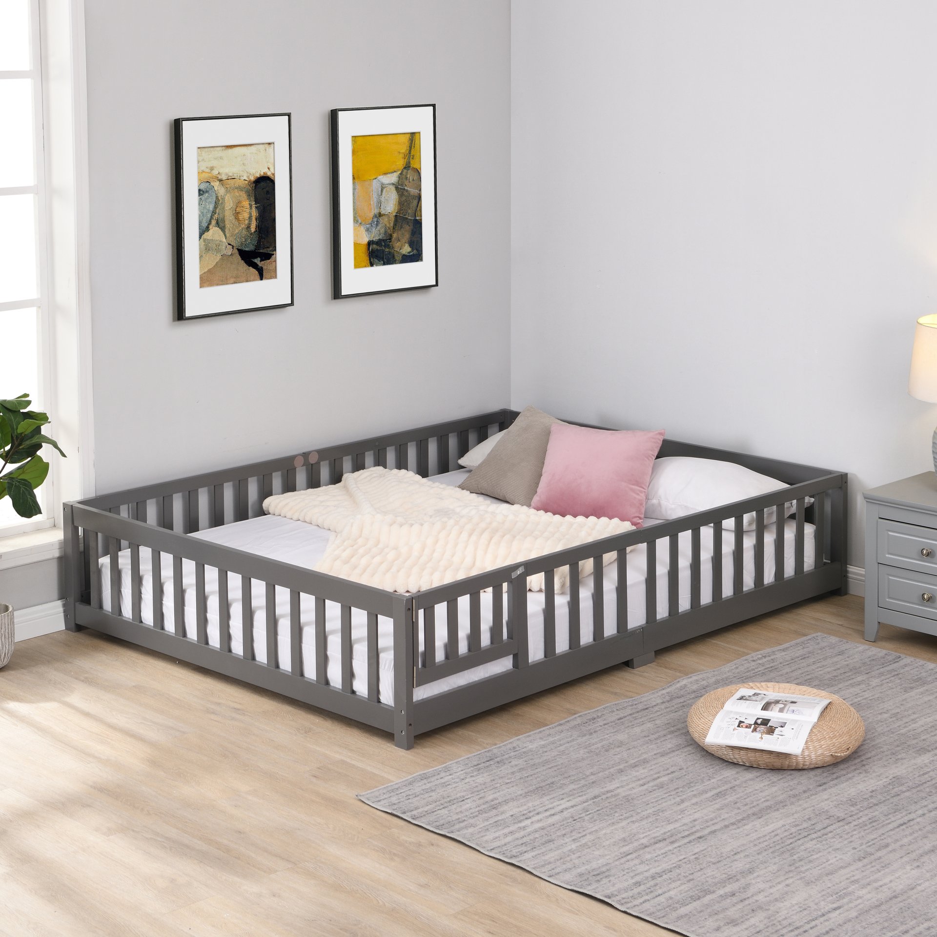 Solid Wood Full Size Floor Bed With Door And Fence For Children, Pine Wood Construction - Gray - Image 2