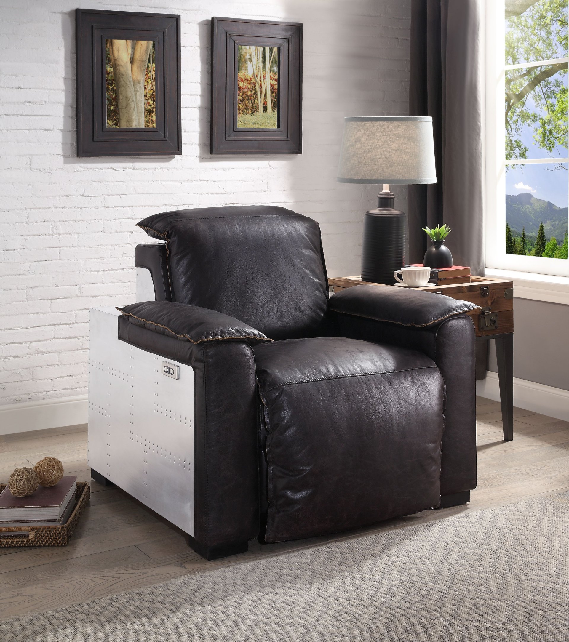 Misezon - Top Grain Leather Power Motion Recliner - Dark Brown - Image 2