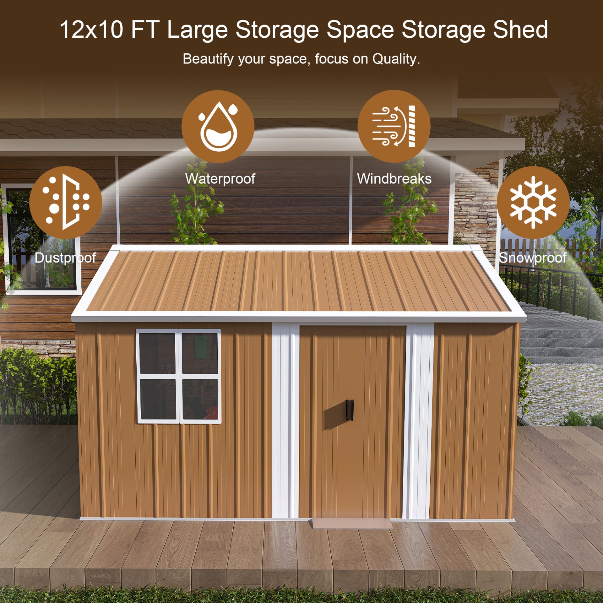 Heavy Duty Storage Shed With Windows, Lockable Door & Ventilation - Brown - Image 4