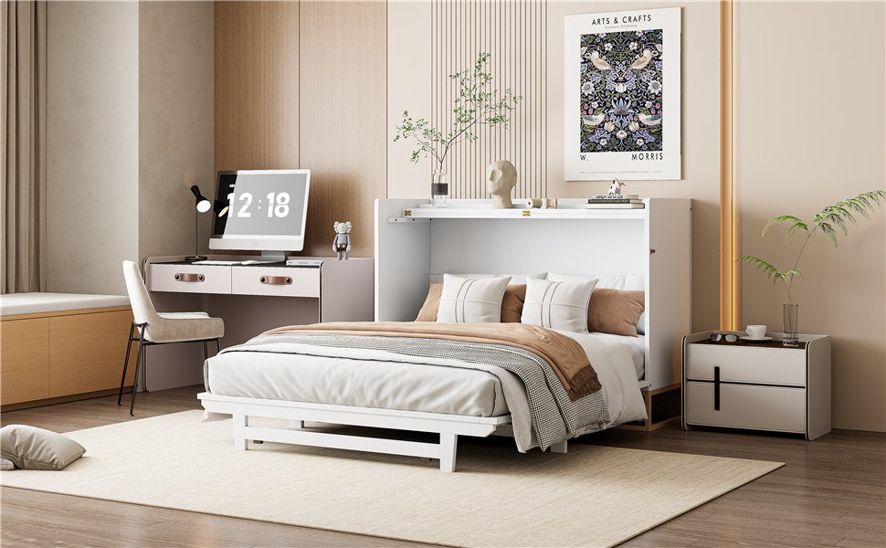 Queen Size Murphy Bed With Iron Legs, Modern Design - White - Image 23