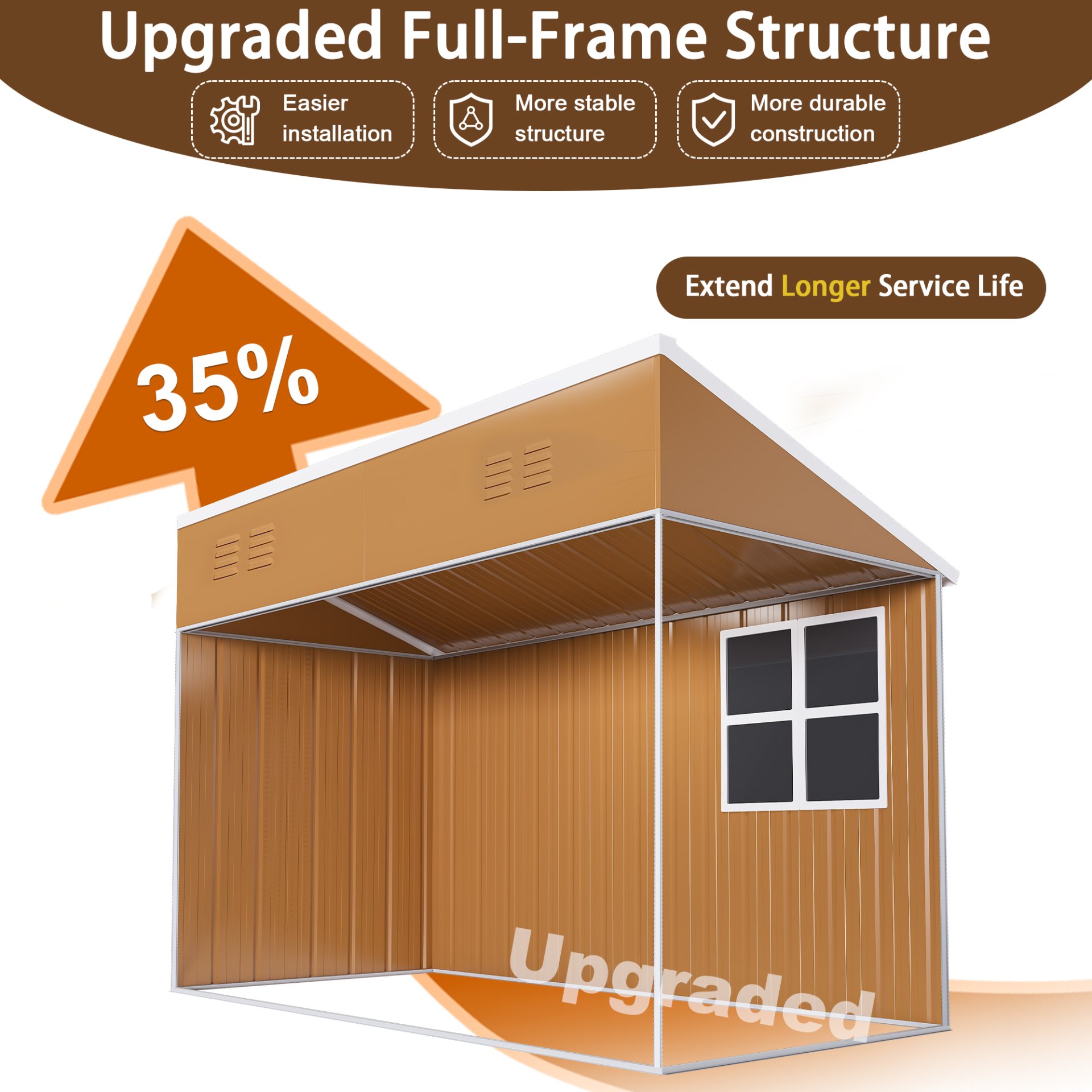 Heavy Duty Storage Shed With Double Doors And Ventilation Weatherproof Outdoor Garden Shed - Brown - Image 9
