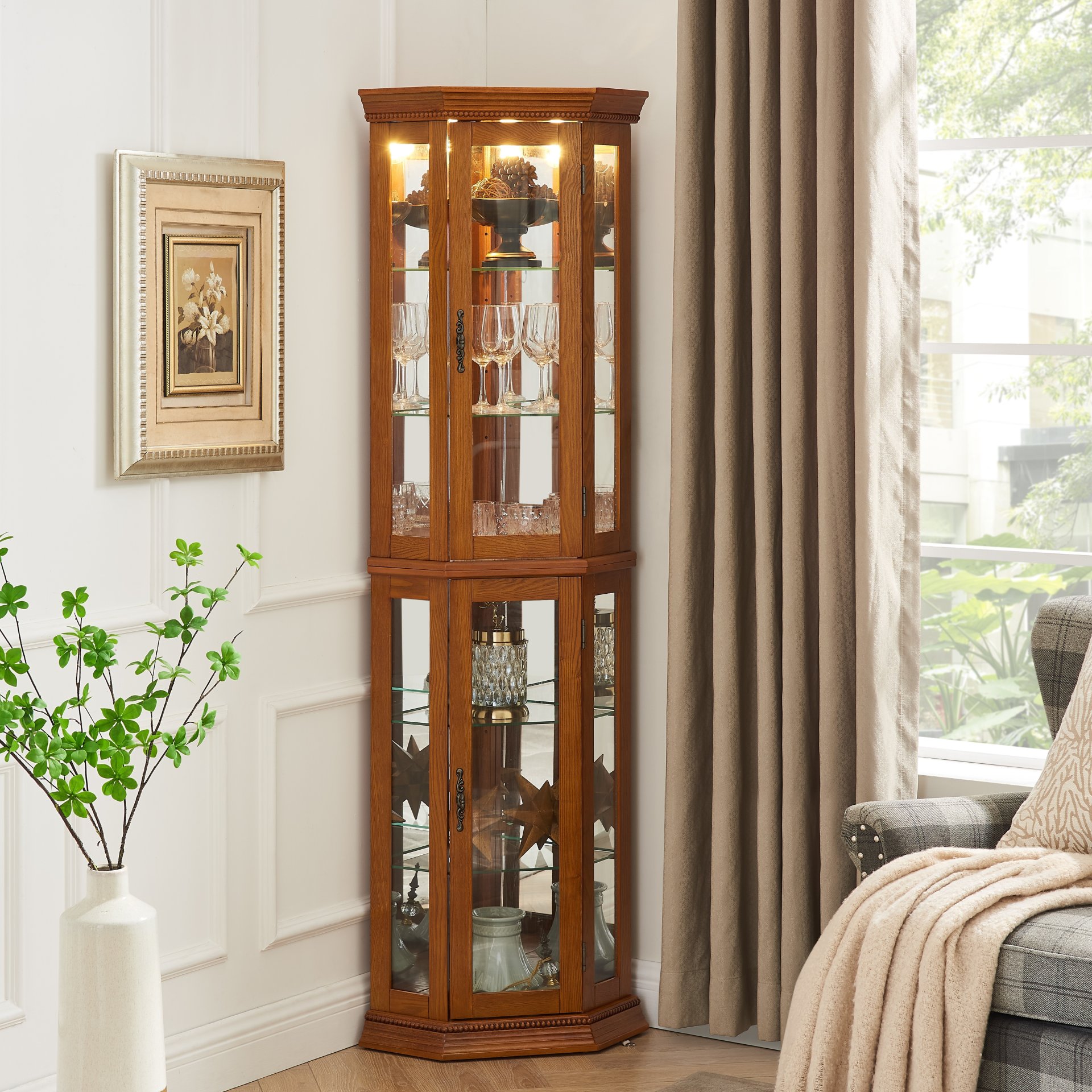 Corner Curio Cabinet With Lights, Adjustable Tempered Glass Shelves, Mirrored Back, Display Cabinet (E26 Light Bulb Not Included) - Oak - Image 7