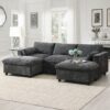 Modular Sectional With Storage Pockets, 5 Seat U Shaped Couch Set With Pillows Free Combination Modern Cloud Sofa With 2 Movable Ottoman - Dark Gray - Image 15