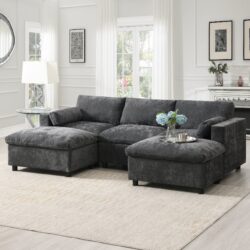 Modular Sectional With Storage Pockets, 5 Seat U Shaped Couch Set With Pillows Free Combination Modern Cloud Sofa With 2 Movable Ottoman - Dark Gray