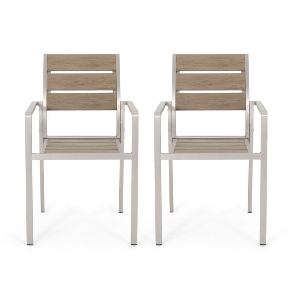 Dreamlan - Outdoor Aluminum Dining Chair With Faux Wood Seat (Set of 2) - Natural / Silver
