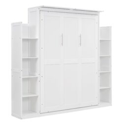 Full Size Murphy Wall Bed With Shelves And LED Lights - White