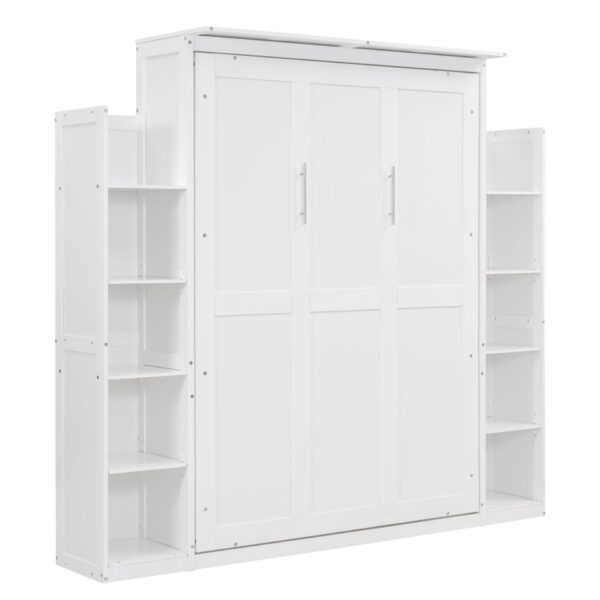 Full Size Murphy Wall Bed With Shelves And LED Lights - White