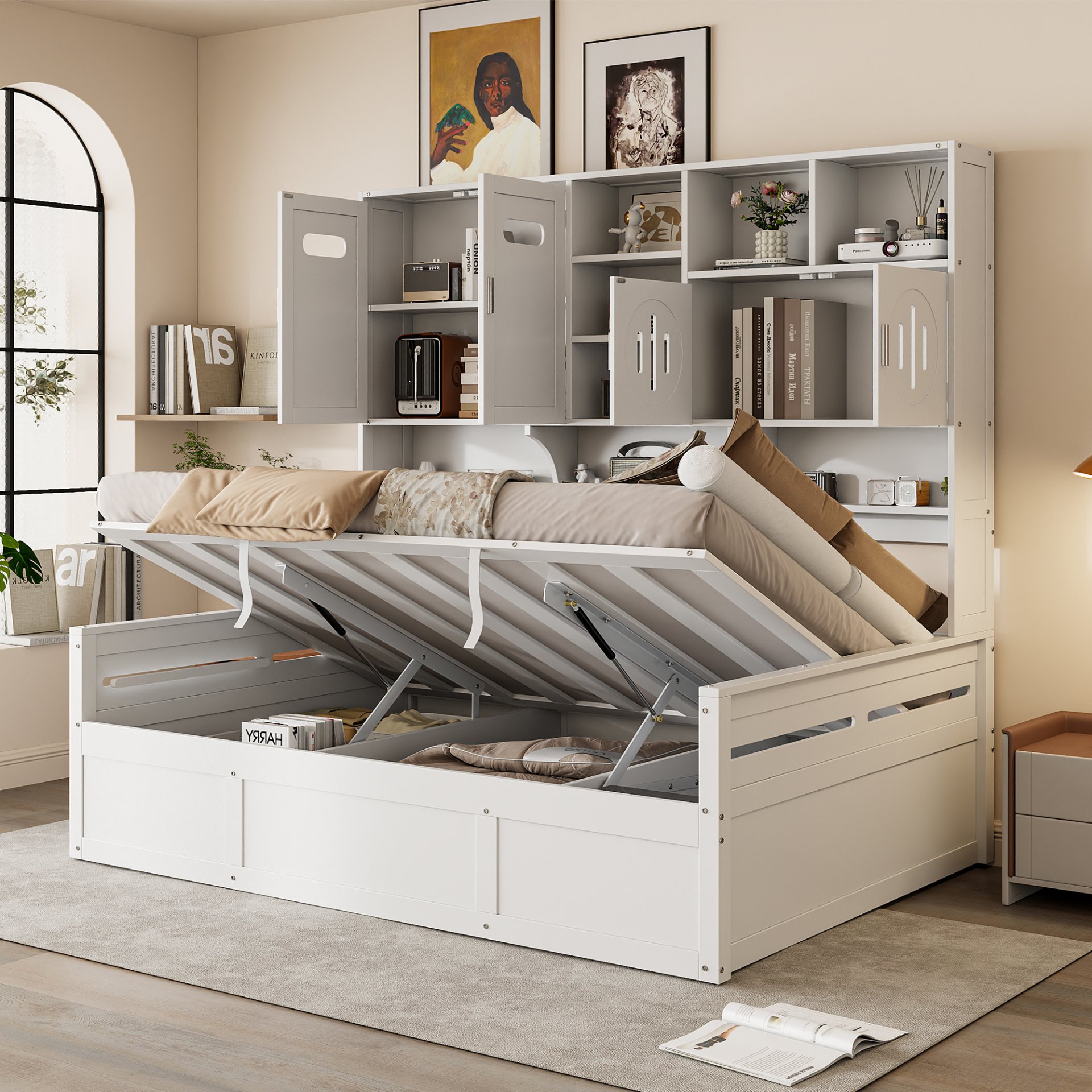 Full Size Wooden Daybed With Hydraulic Bed And All In One Cabinet And Shelf - White - Image 2