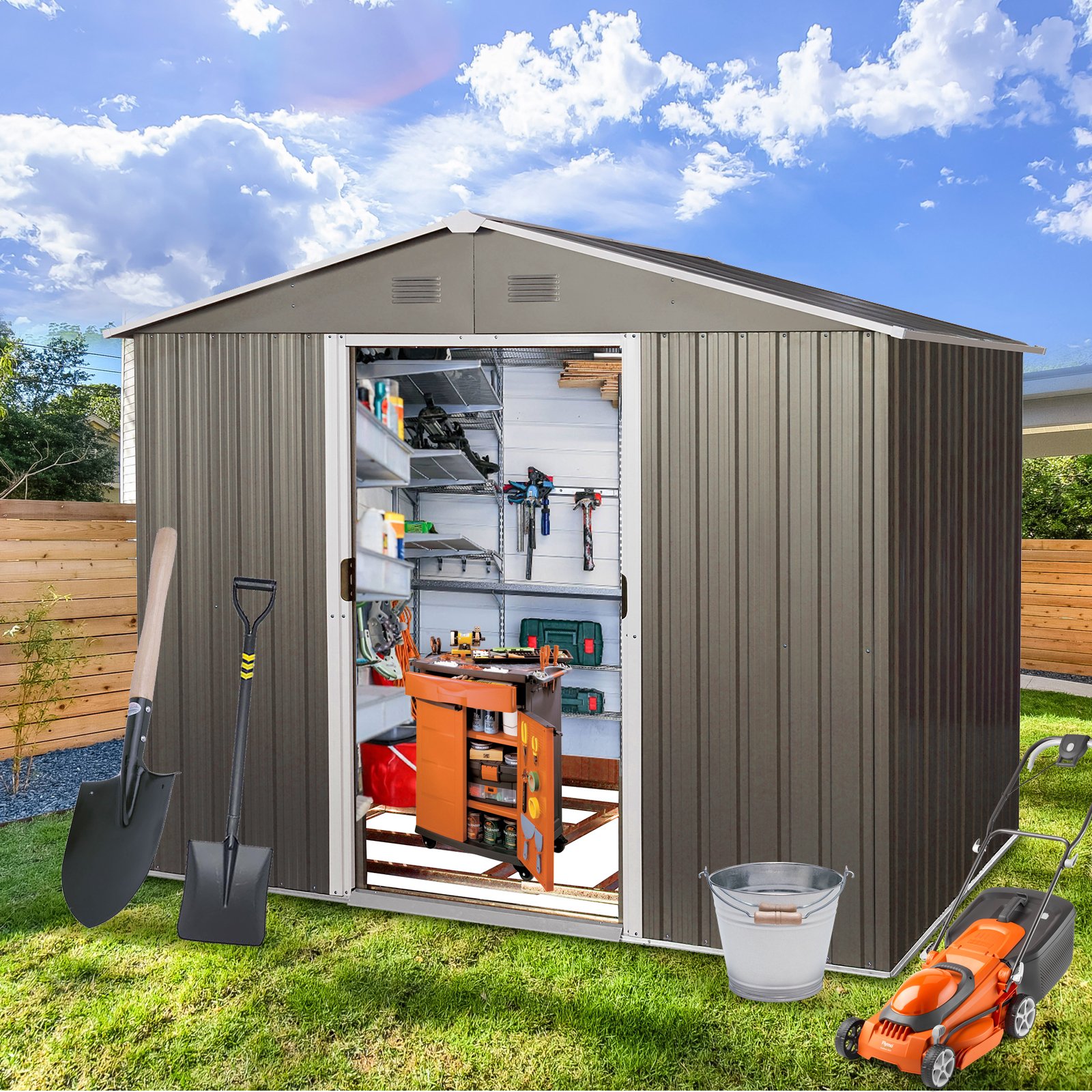 8Ft x 6Ft Outdoor Metal Storage Shed With Floor Base (SKU: W540S00012) - Gray - Image 4