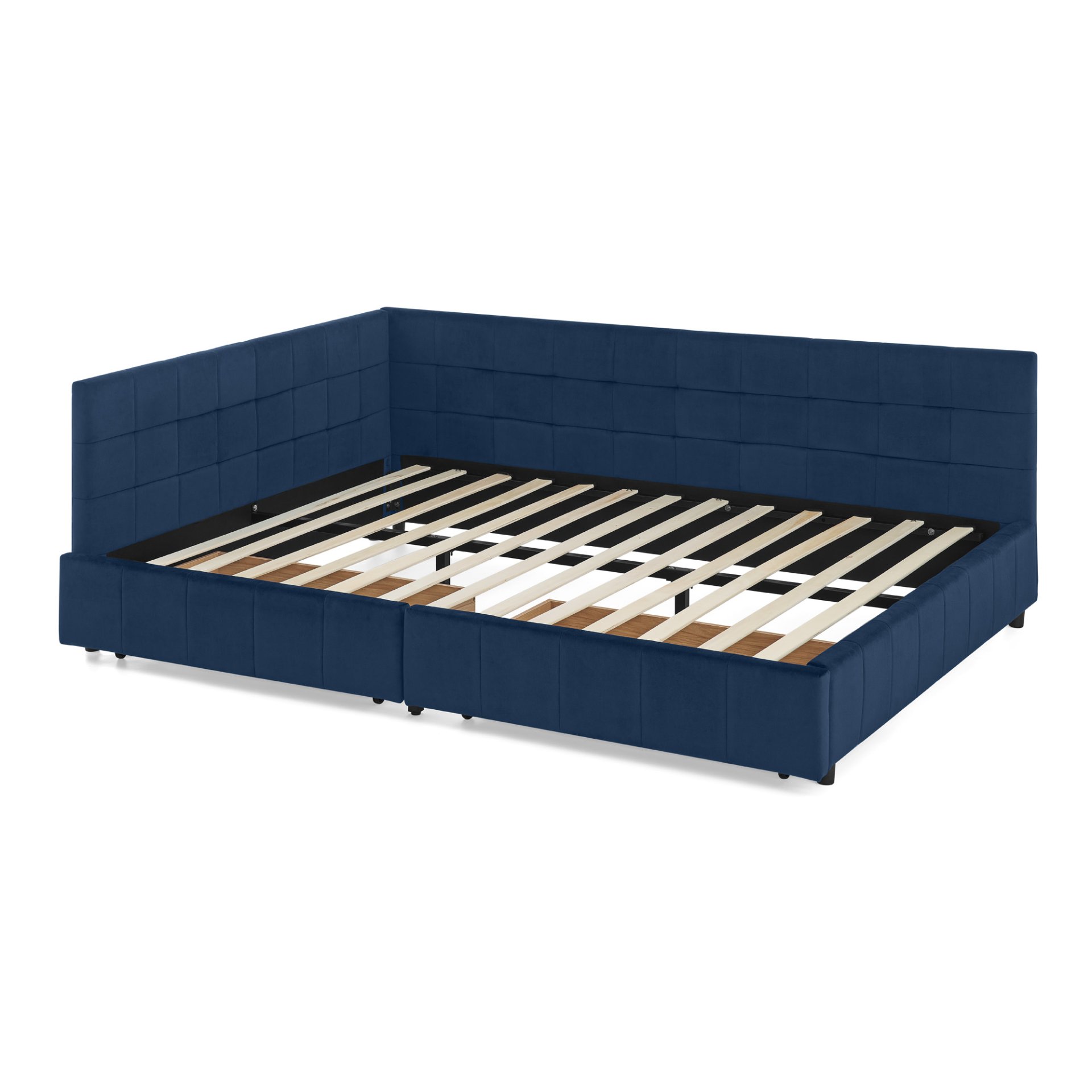 Queen Size Storage Upholstered Tufted Bed Frame, Comfortable Sofa Bed With Backrest And Armrests - Dark Blue - Image 12