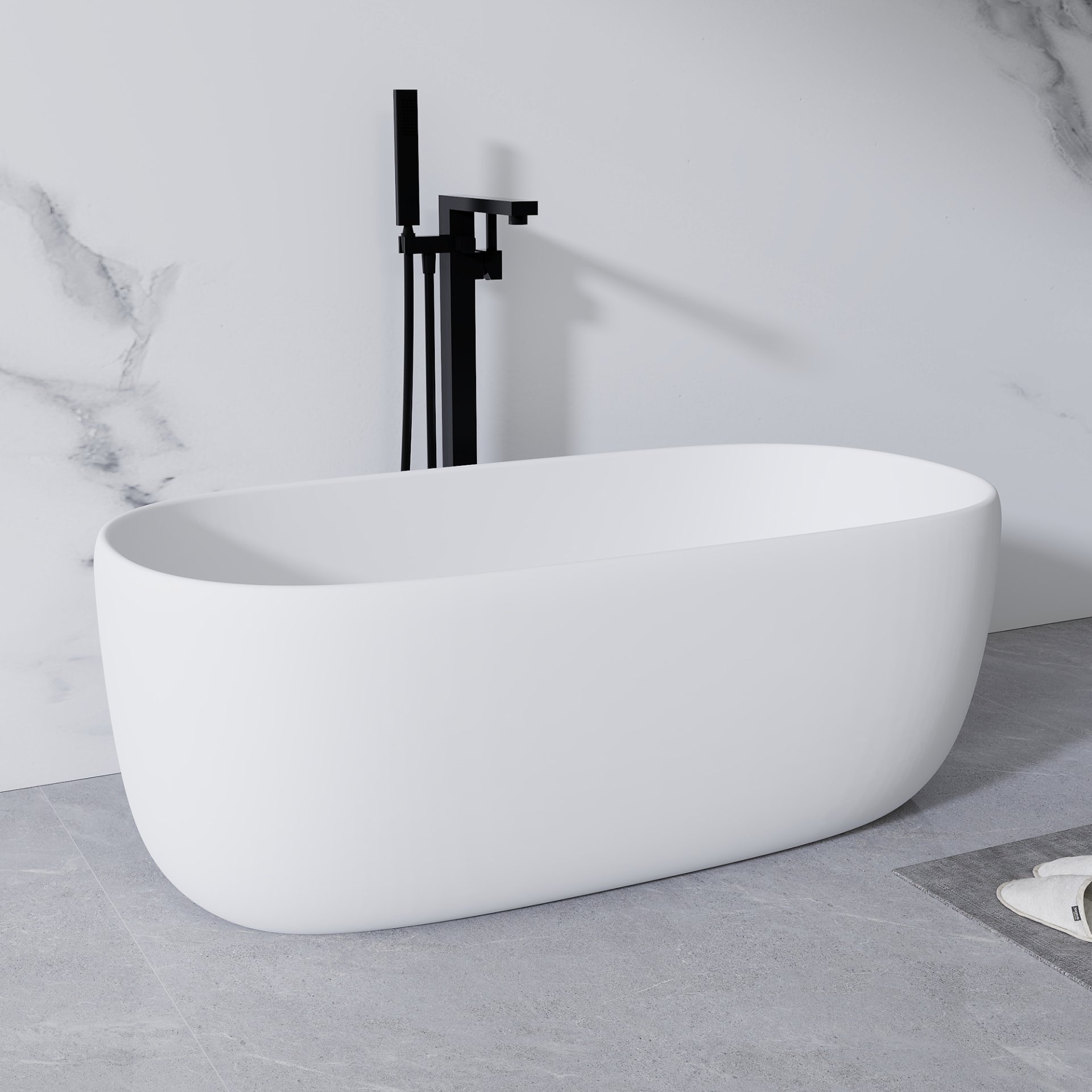 Freestanding Bathtub Resin Stone Soaking Bathtub Solid Surface Modern Tubs With Overflow And Pop-Up Drain - Matte White - Image 5
