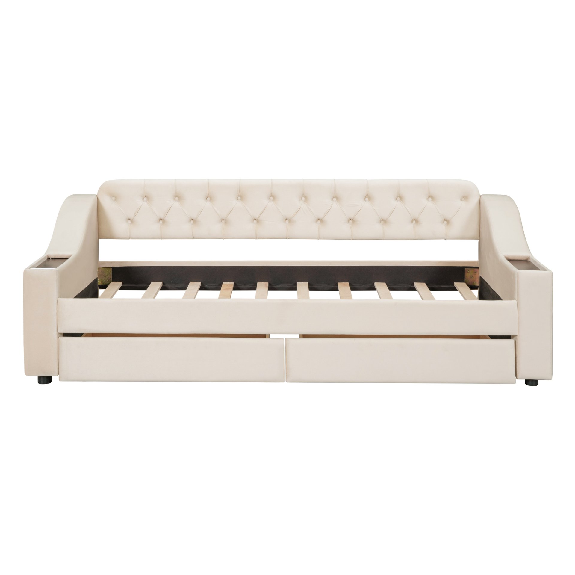 Twin Size Upholstered Daybed With Storage Armrests And USB Port - Beige - Image 3