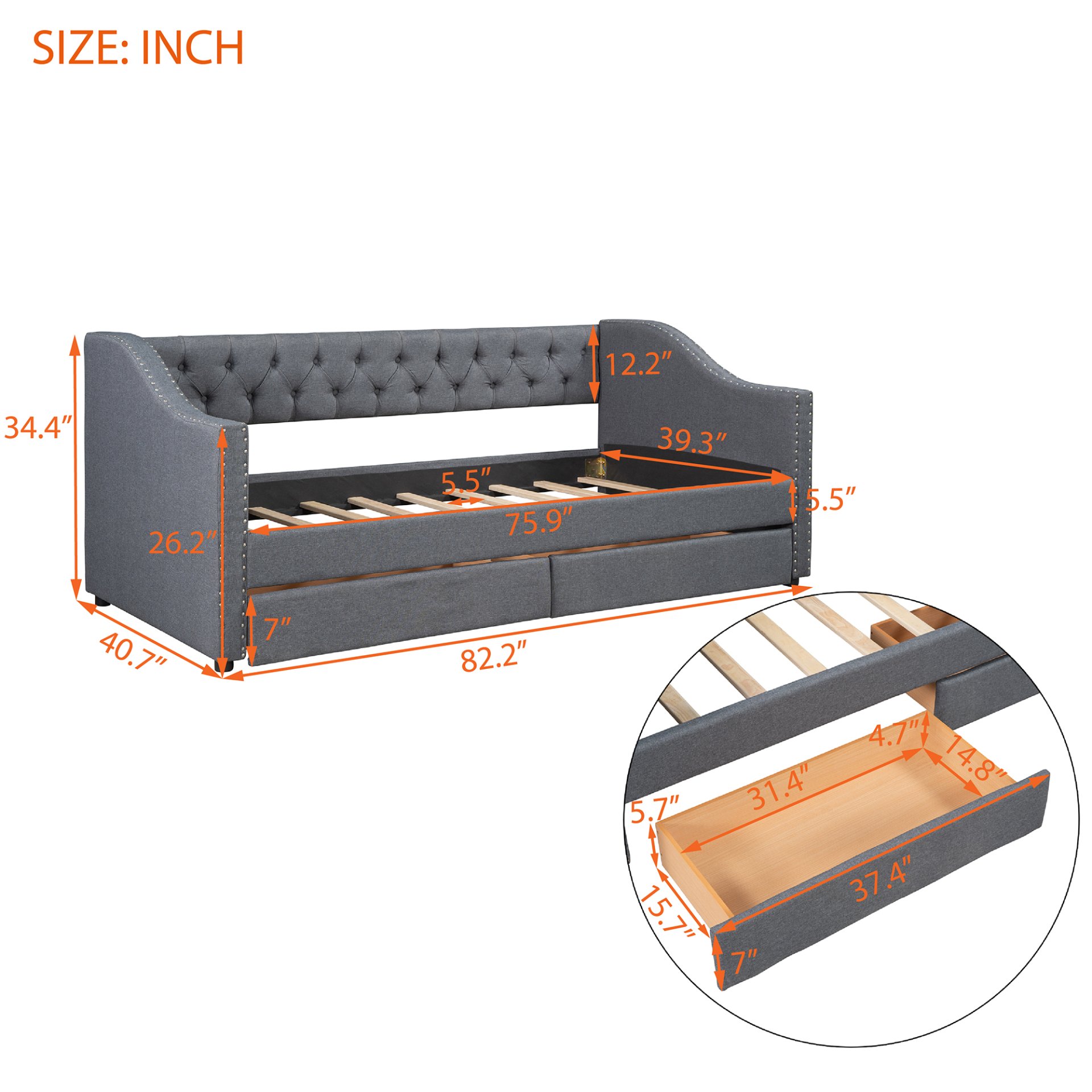 Twin Size Upholstered Daybed With Two Drawers, Slat Support - Gray - Image 8