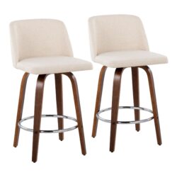 Toriano - Mid-Century Modern Fixed Height Counter Stool With Round Footrest (Set of 2) - Walnut / Cream