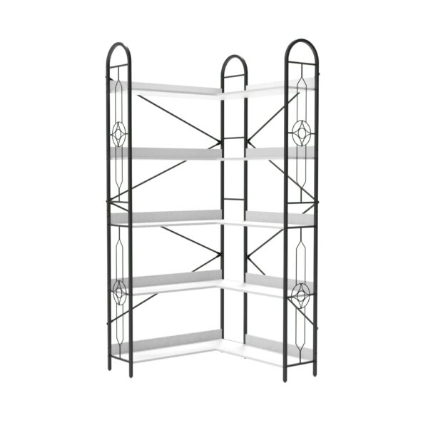 Industrial Style 5 Tier Corner Bookshelf With Thickened Iron Frame - Ivory White