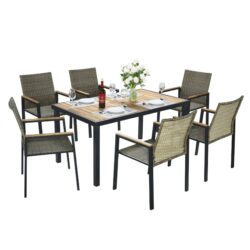 All Weather 7 Piece Patio Dining Table Set With Umbrella Hole - Brown / Gray