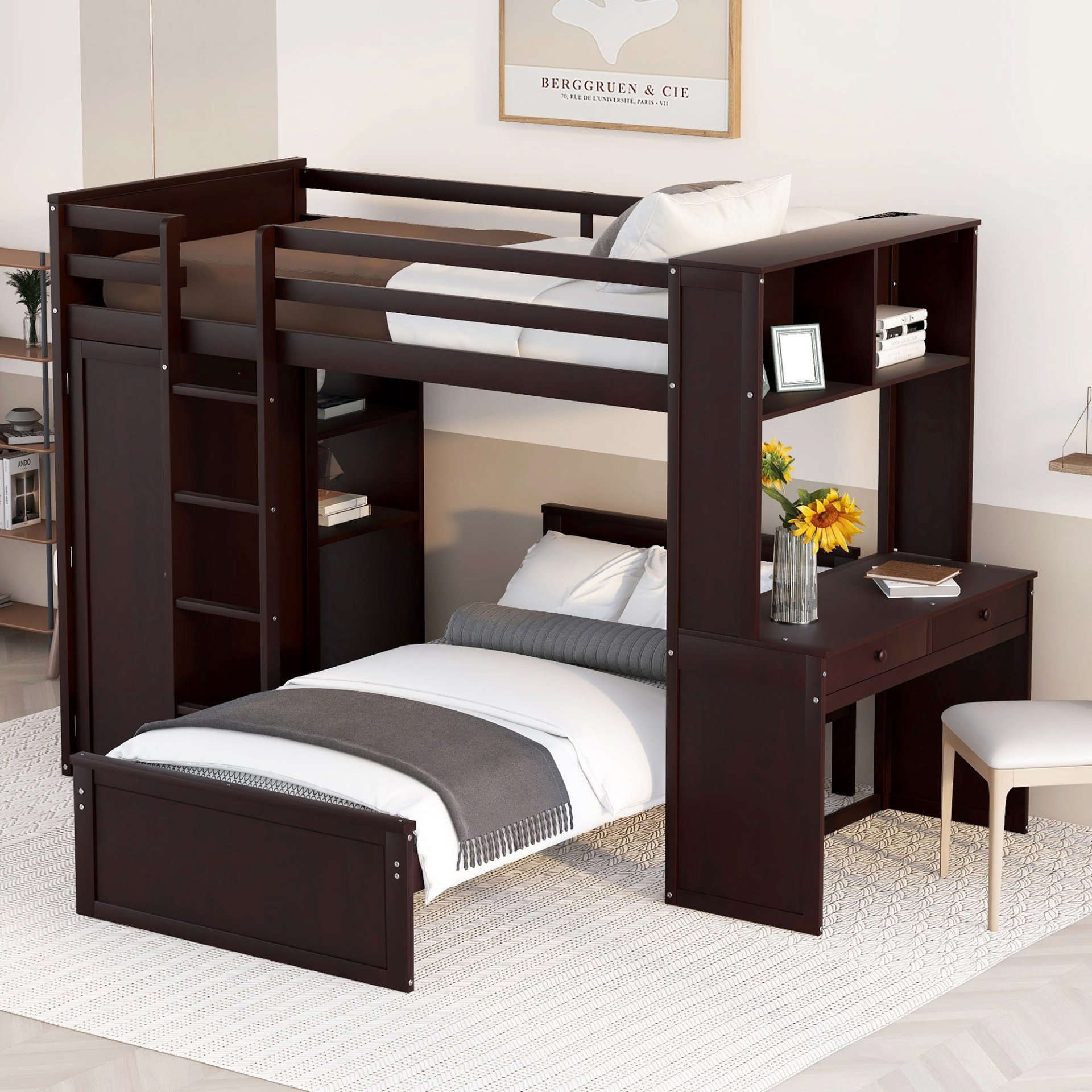 Twin Size Loft Bed With A Stand Alone Bed, Shelves, Desk, And Wardrobe - Espresso - Image 3