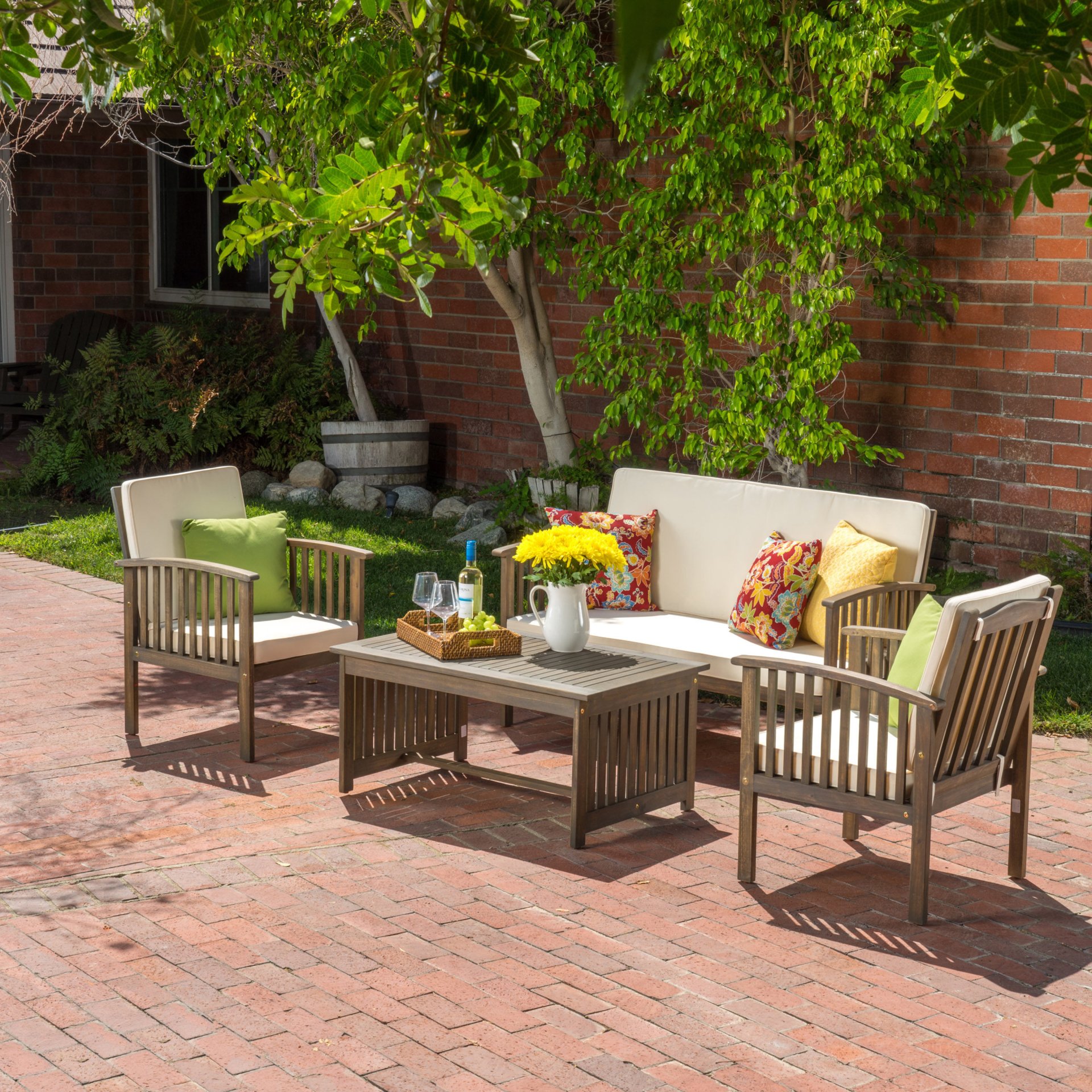 4 Piece Outdoor Chat Set With Water Resistant Cushion And Wood Frame - Cream / Gray - Image 5