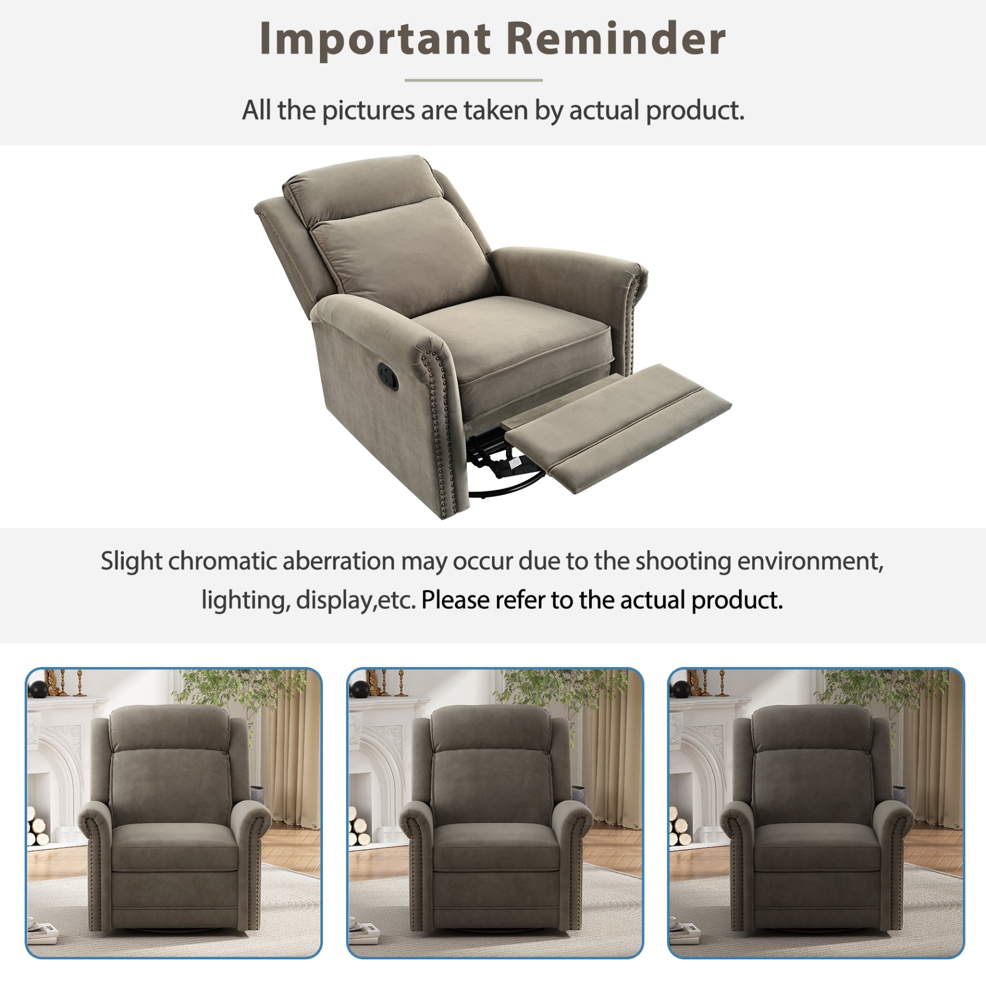 360 Degrees Swivel Recliner Manual Rocking With Adjustable Backrest For Living Room - Light Brown - Image 9