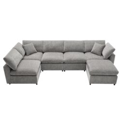 Modern Modular Cloud Sofa Bed, 6 Seat Chenille Sectional Couch Set With Ottoman, Free Combination, Convertible U Shaped Sleeper Sofa - Gray