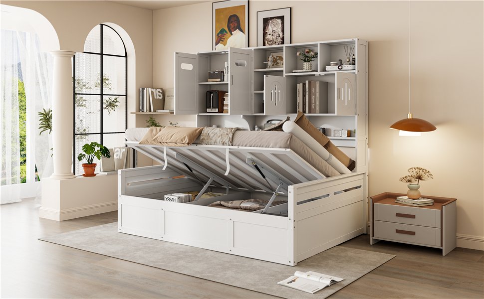 Full Size Wooden Daybed With Hydraulic Bed And All In One Cabinet And Shelf - White - Image 17