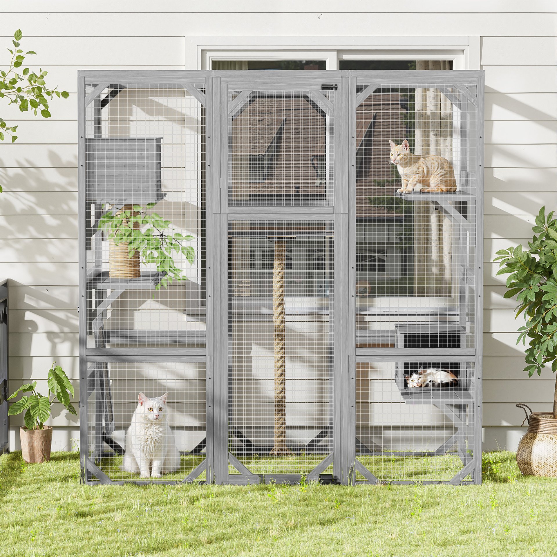 Outdoor Cat House, Diy Cat Enclosure Catio With Double Enter Doors - Light Gray - Image 4