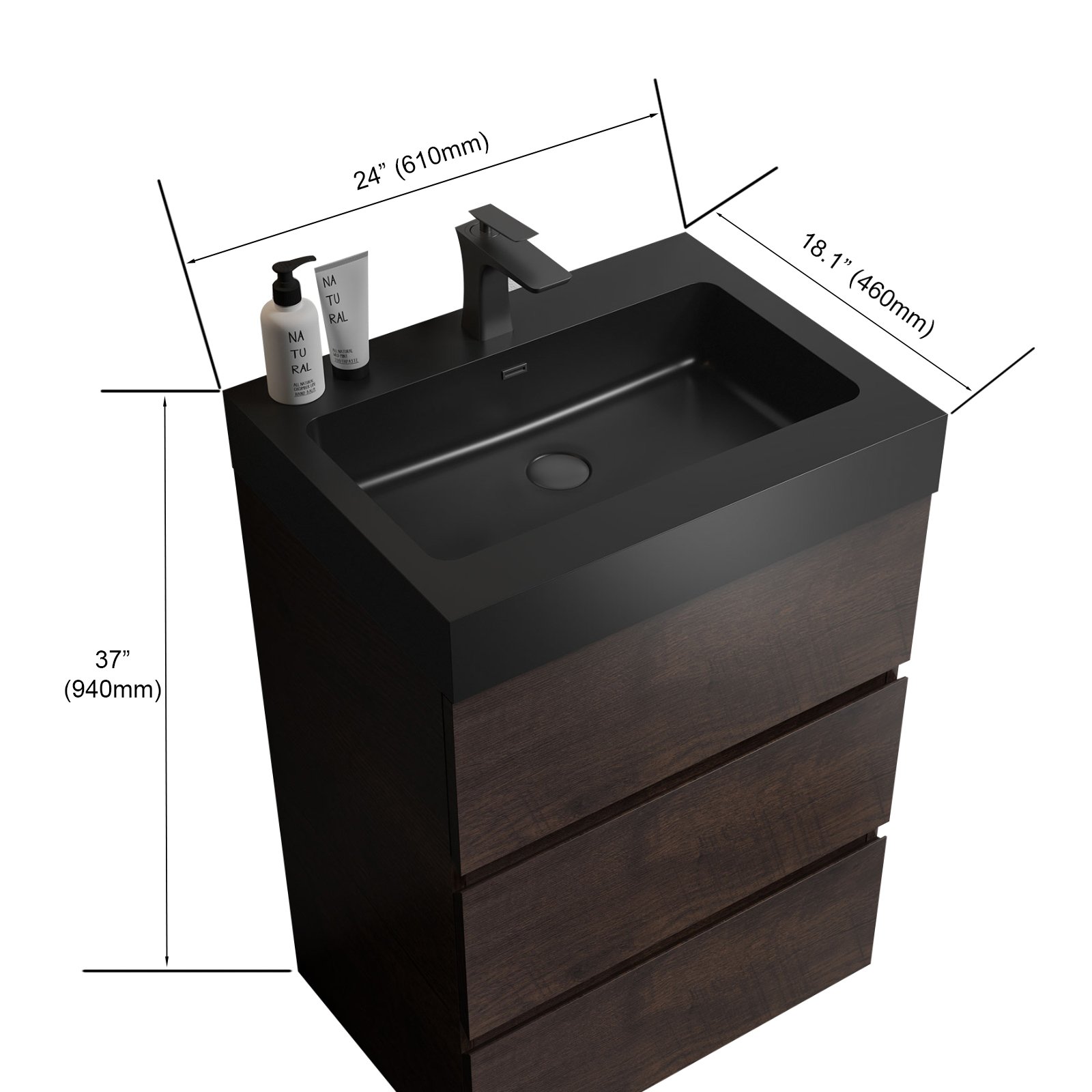 Alice - 24" Bathroom Vanity With Sink, Large Storage Freestanding Bathroom Vanity For Modern Bathroom, One-Piece Sink Basin Without Drain And Faucet - Walnut / Black - Image 3