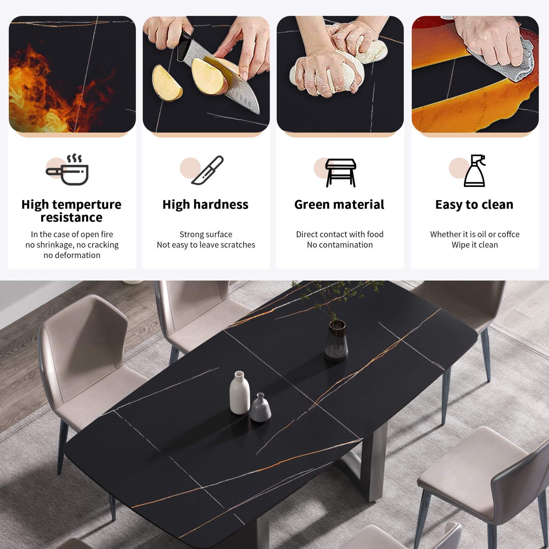 70.87" Modern Artificial Stone Dining Table, Can Accommodate 6-8 People - Black - Image 10