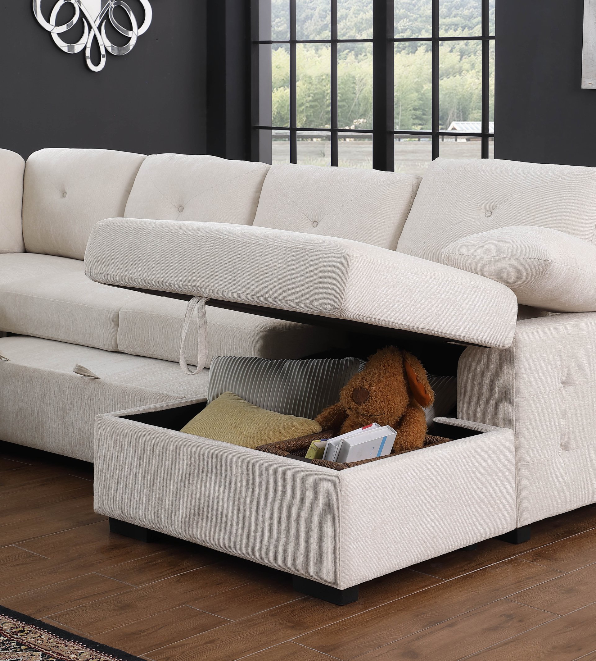 Nyhan - Upholstered Corner Sectional With Pull Out Loveseat And Storaged Chaise - Beige - Image 2