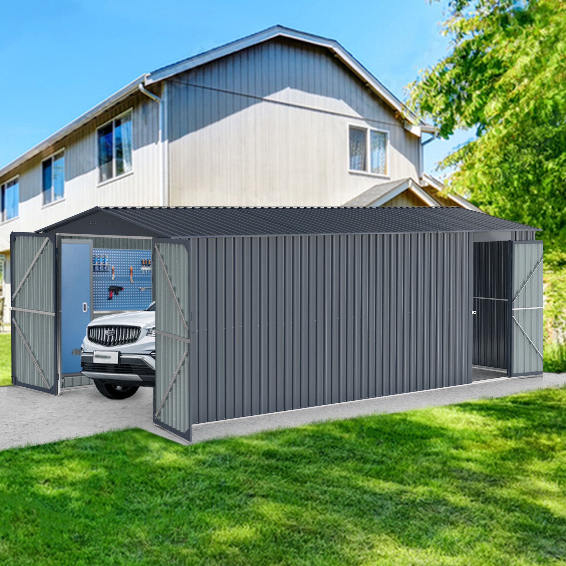 Outdoor Storage Shed, Metal Garden Shed Backyard Utility Tool House Building With 2 Doors And 4 Vents For Car, Truck, Bike, Garbage Can, Tool, Lawnmower - Black - Image 10