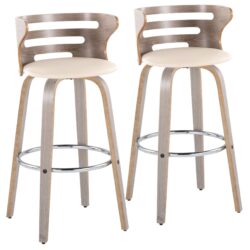 Cosini - Mid-Century Modern Fixed Height Barstool With Swivel With Round Footrest (Set of 2) - Light Gray / Cream