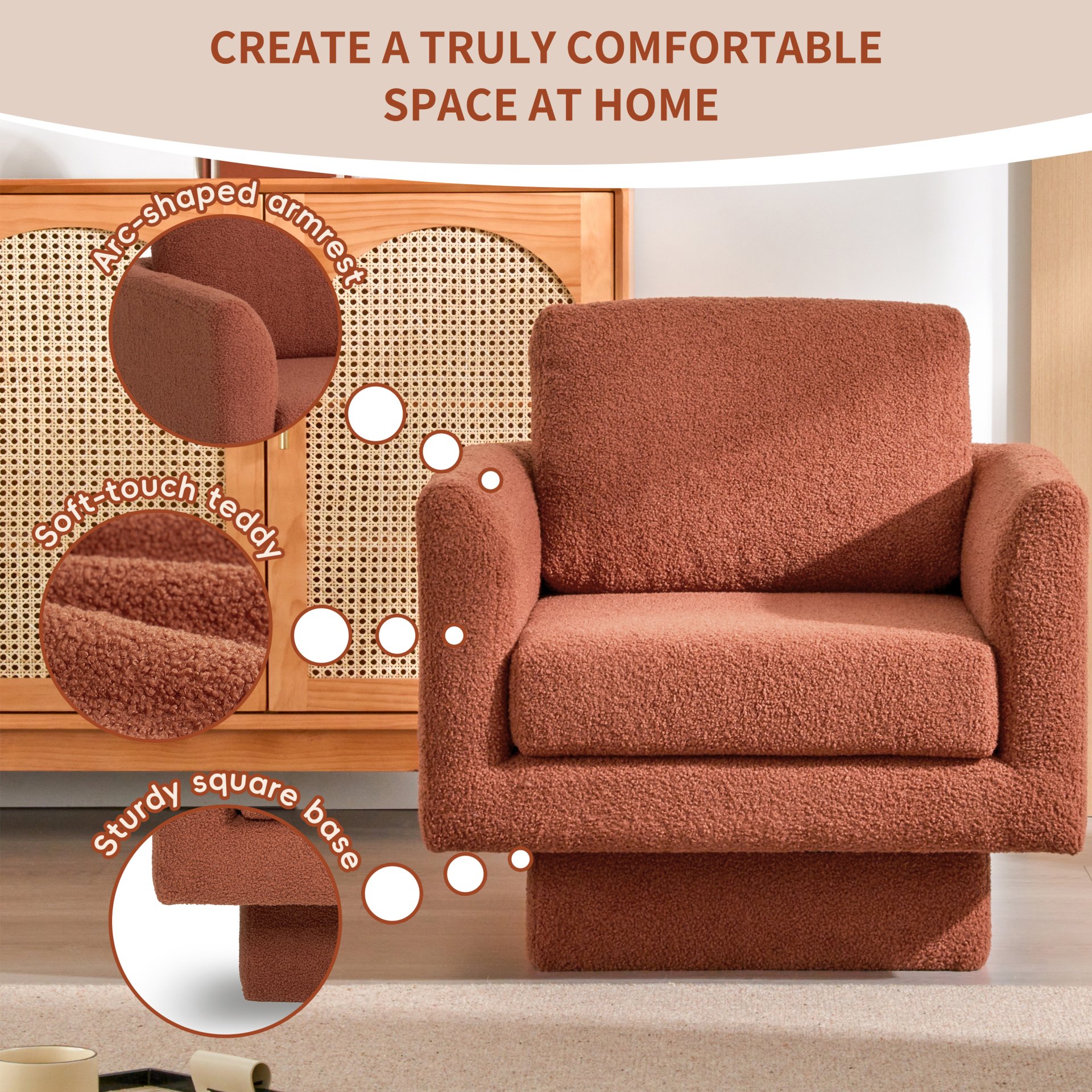 360° Modern Swivel Accent Chair Round Armchair, Thick Padded Single Lounge Sofa Upholstered Comfy - Brick Red - Image 6