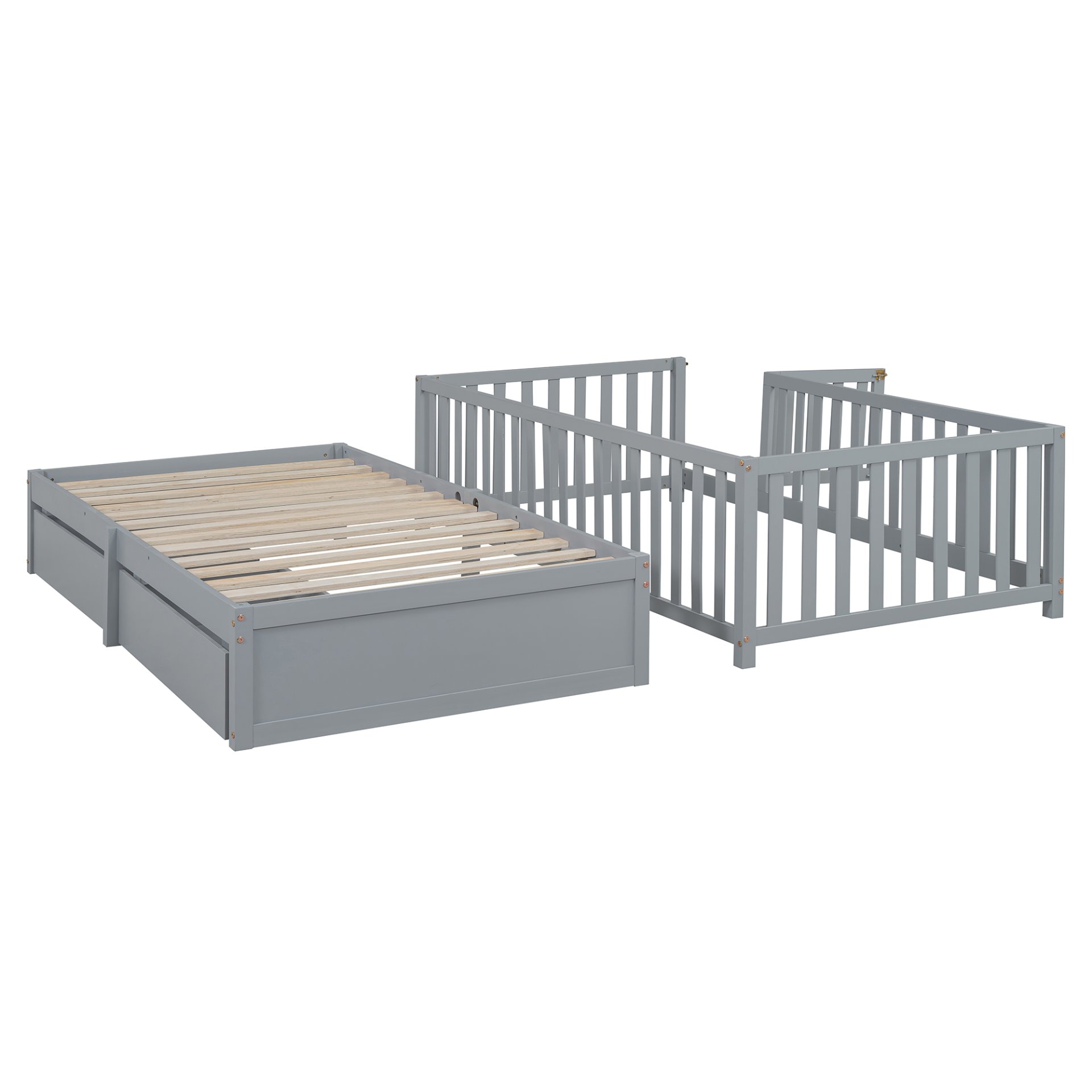 Twin Size Daybed With Fence Guardrails And 2 Drawers, Split Into Independent Floor Bed & Daybed - Gray - Image 8