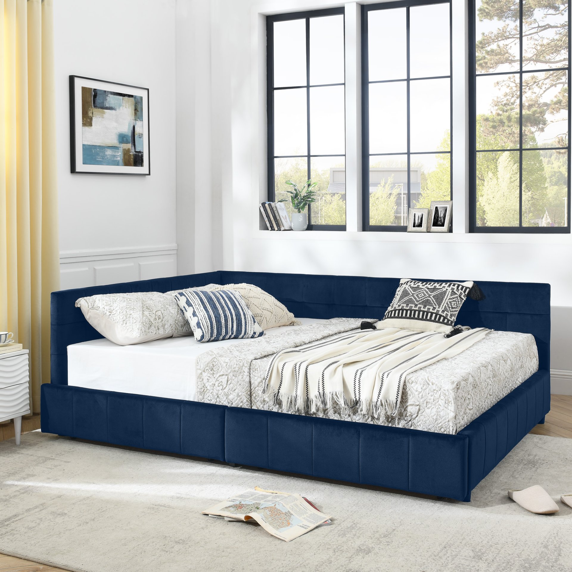Queen Size Storage Upholstered Tufted Bed Frame, Comfortable Sofa Bed With Backrest And Armrests - Dark Blue - Image 6