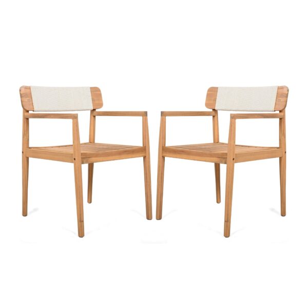 Creative Braided Acacia Wood Outdoor Dining Table And Chairs With Armrests (Set of 2) - Teak / White