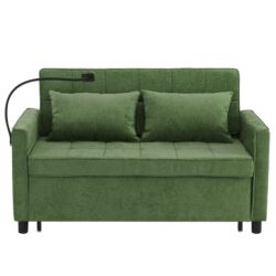 Convertible Loveseat Sofa Bed With Adjustable Backrest USB Ports Phone Holder Side Pockets Chenille - Green
