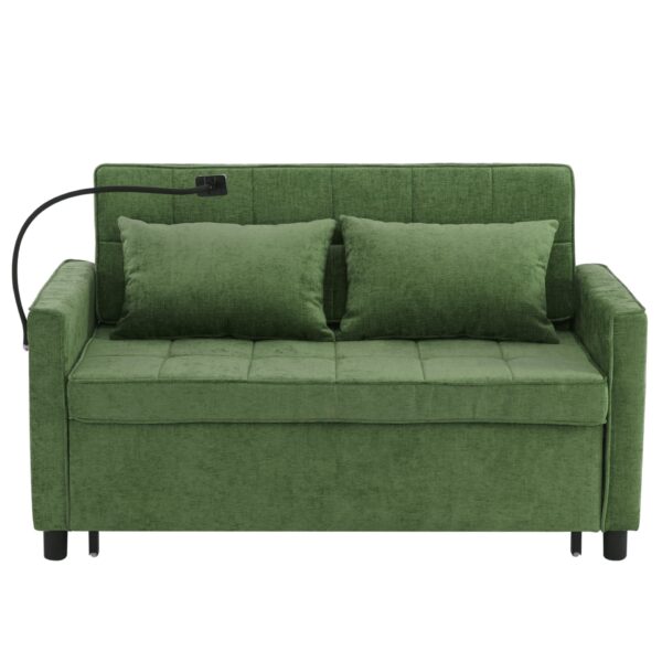 Convertible Loveseat Sofa Bed With Adjustable Backrest USB Ports Phone Holder Side Pockets Chenille - Green